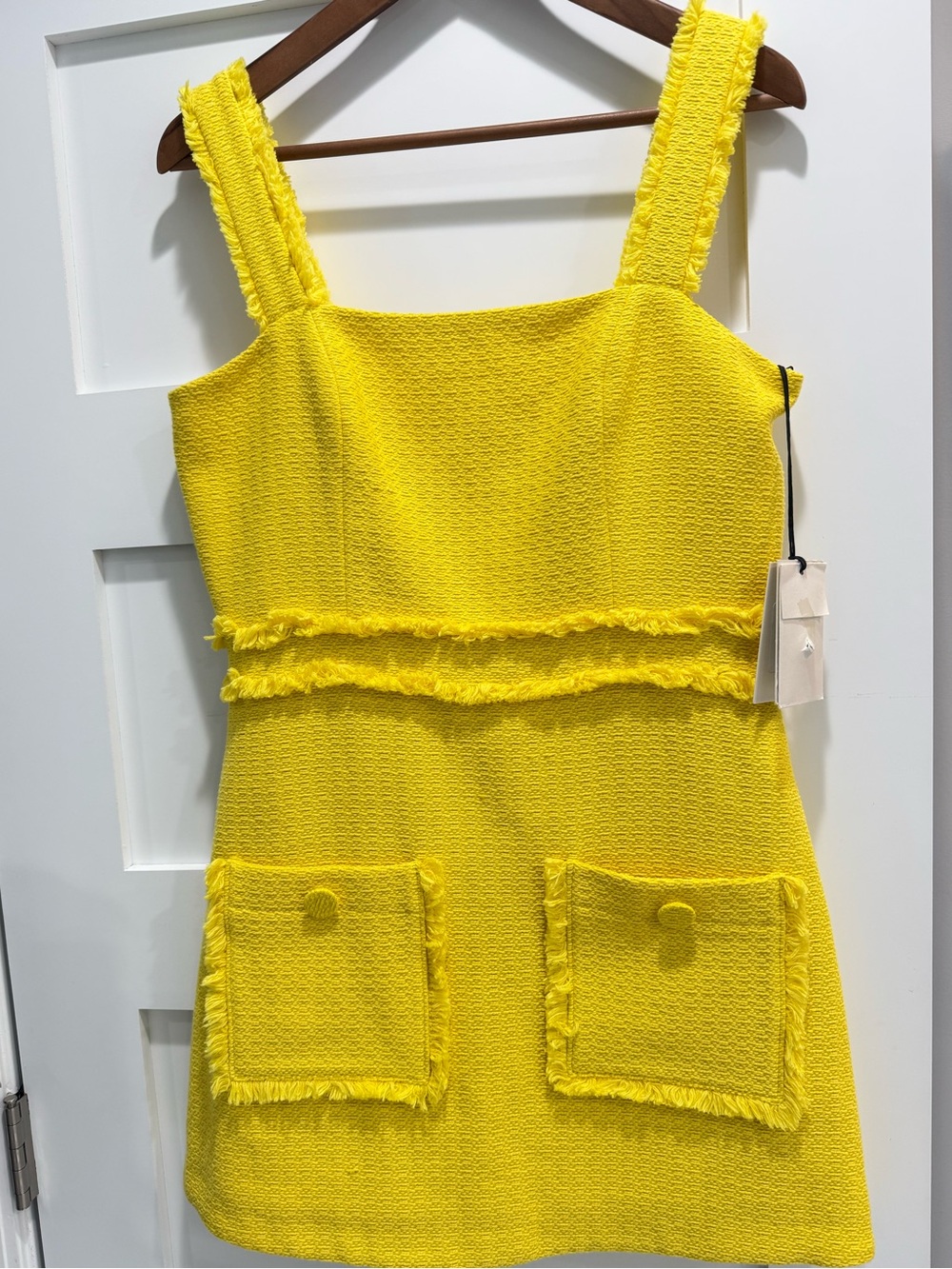 Women's ALEXIS Jackie Frayed Sleeveless Mini Tweed Shift Dress in Yellow Size L